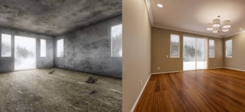 Before and After of Unfinished Raw and Newly Remodeled Room Of House with Finished Wood Floors, Moulding, Paint and Ceiling Lights.