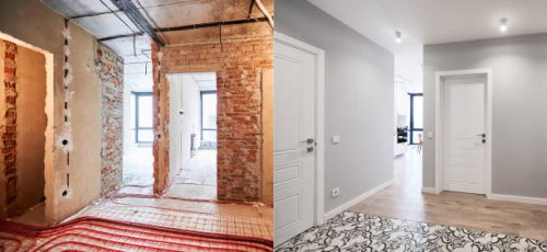 Comparison of old apartment before restoration and new renovated flat with modern interior design. Apartment before and after renovation.