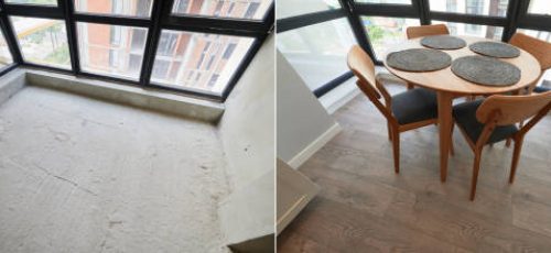 Comparison of old empty room and new renovated place with kitchen table, chairs, parquet floor and plastic window. Photo collage of modern apartment before and after renovation.